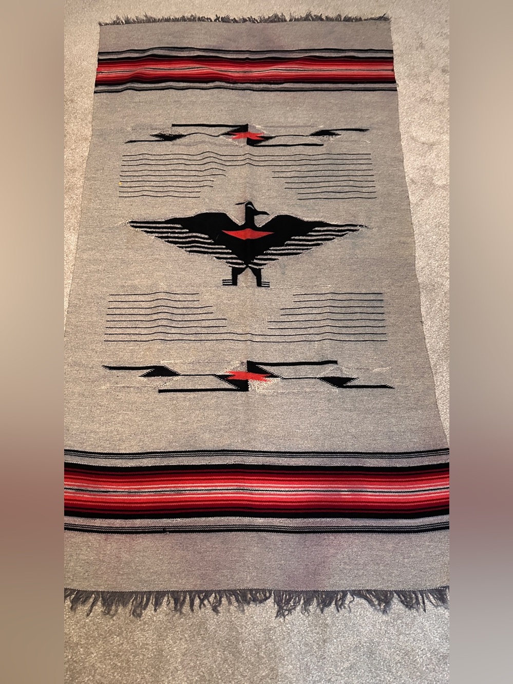 handwoven wool Chimayo woven Blanket featuring a central thunderbird 42x78